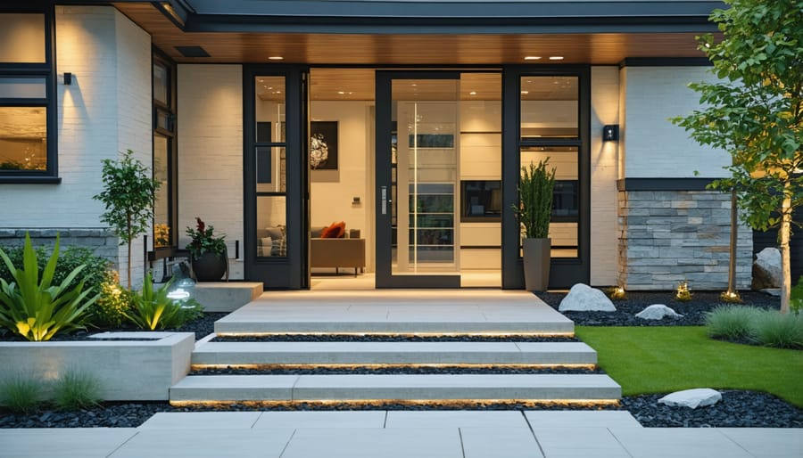 Accessible home entrance with elegant ramp design and automated lighting