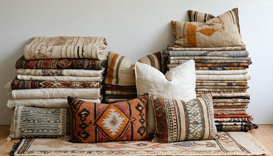 Collection of vintage textiles and patterns featuring quilts, pillows, and area rug in muted colors
