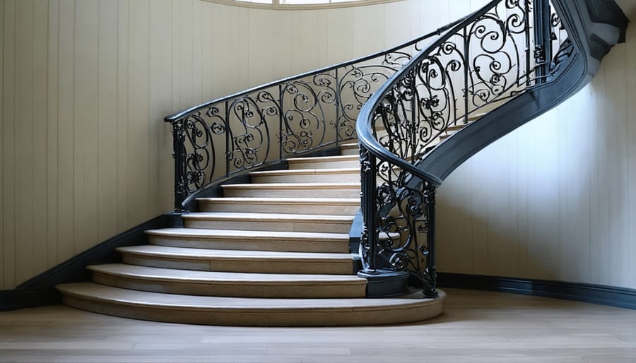 Ornate black wrought iron exterior stair railing with decorative patterns