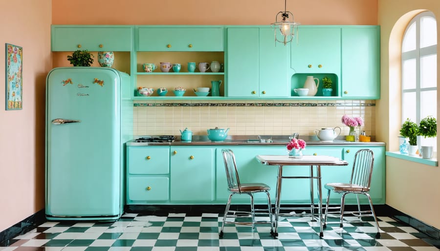Authentic 1950s kitchen with mint green Frigidaire, black and white floor tiles, and chrome table set