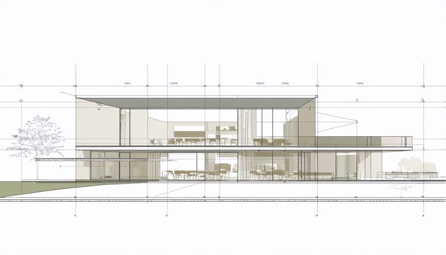 Technical drawing illustrating the intersection of contemporary and historical architectural elements in adaptive reuse