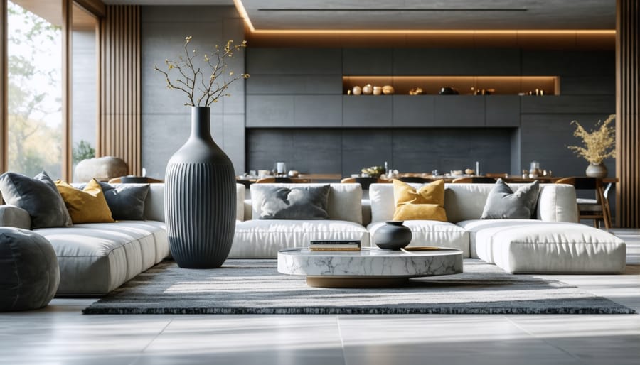 Contemporary living room with large artisanal ceramic vase as focal point
