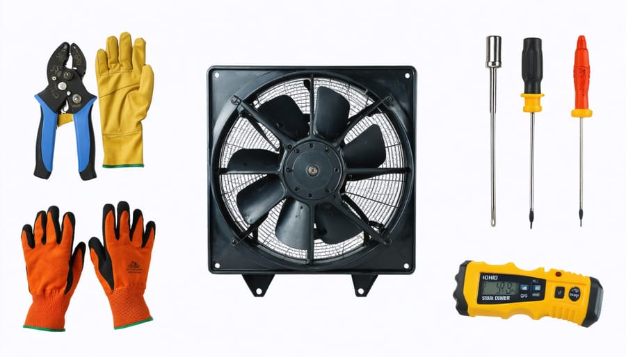 Essential tools laid out for attic fan motor replacement project