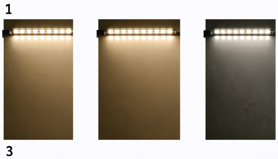 Photo series demonstrating LED strip measuring, cutting, and mounting steps
