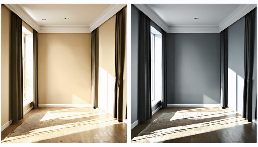 Split image showing room transformation: left side dimly lit, right side with balanced 4-wall lighting