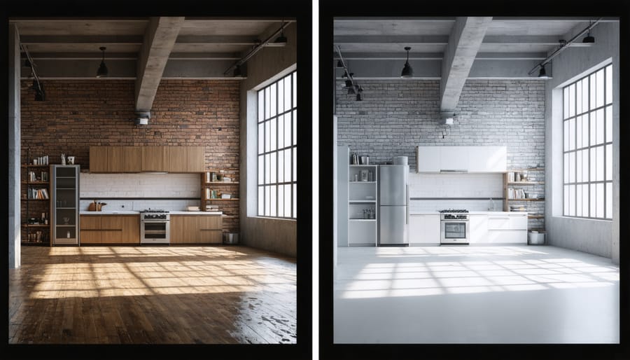 Side-by-side comparison of industrial space transformed into modern residential loft while maintaining original features