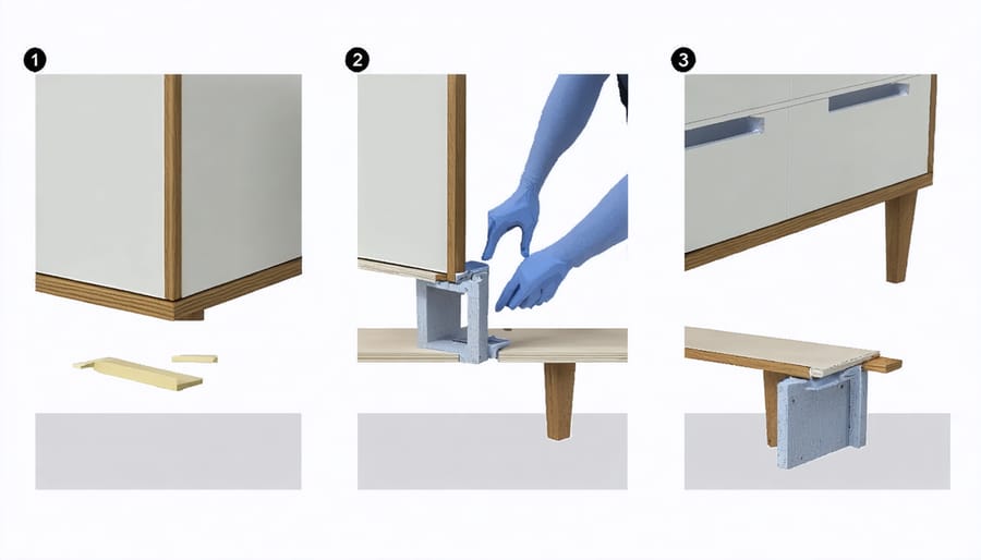 Sequential images demonstrating the installation of 3D printed furniture joints