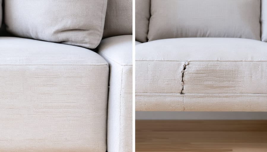 Before and after comparison of a linen sofa showing resistance to pet scratches
