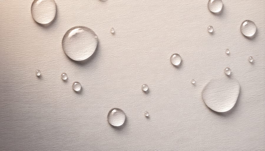 Water-resistant properties of treated linen fabric demonstrated with beading water droplets