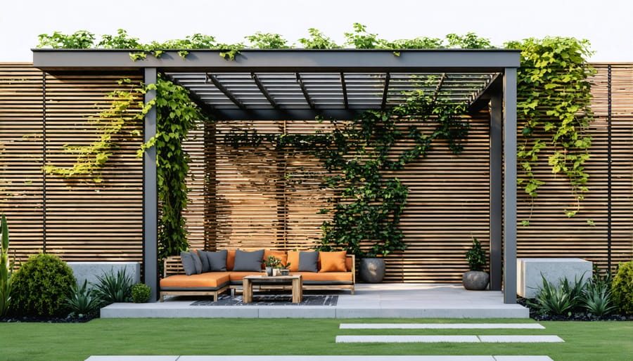 Contemporary wooden privacy fence design with attached pergola structure