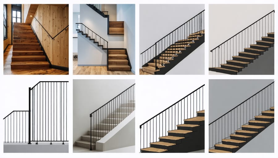 Examples of contemporary stair railing styles including glass panels, metal railings, and wooden designs