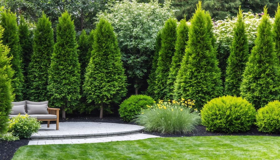 Layered garden privacy screen with mixed height plants and trees