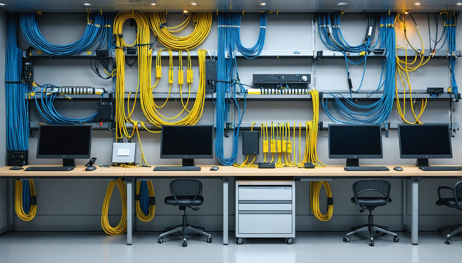 Neat cable management solution for multiple desk setup with power strips and cable routing