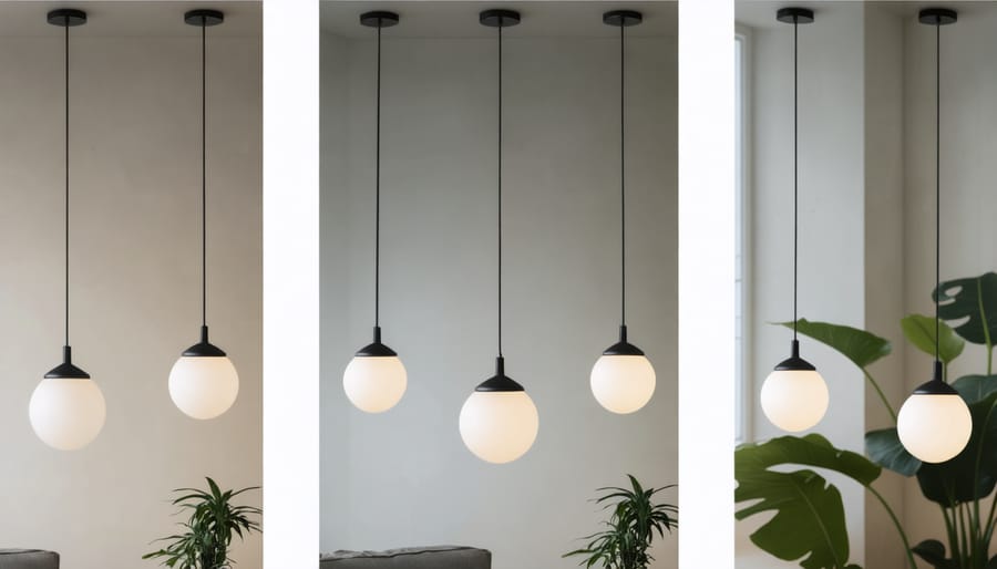 Four-panel image showing key steps in installing a modern pendant light fixture