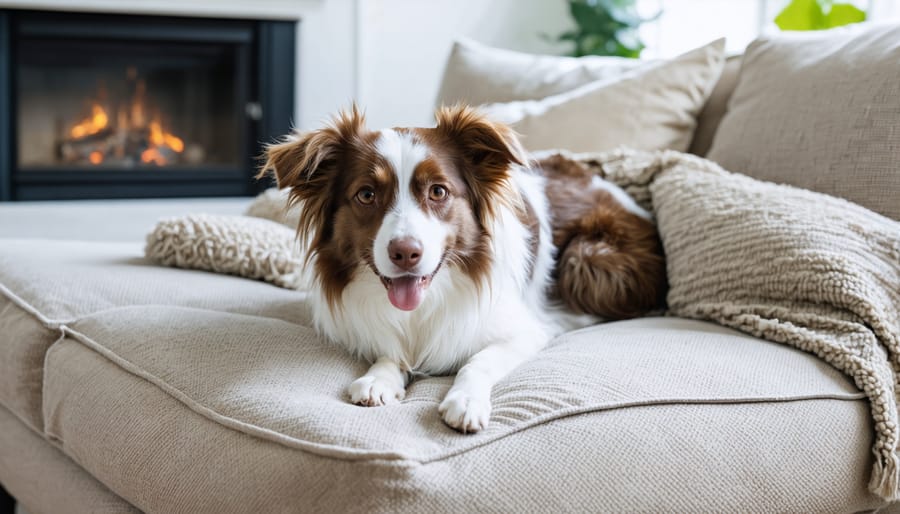 Well-arranged living room with protected linen furniture and dedicated pet spaces