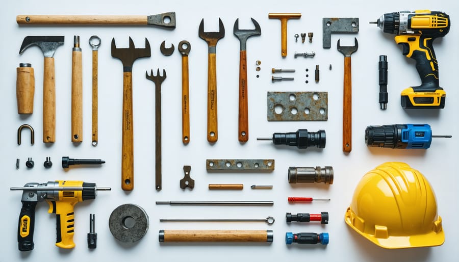 Flat lay of tools including drill, level, measuring tape, screwdrivers, and mounting hardware for stair railing installation