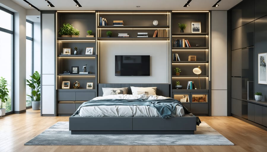 Murphy bed transforming from bedroom to home office space with built-in desk