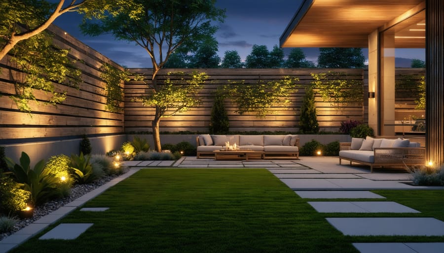 Illuminated backyard privacy features with modern lighting design