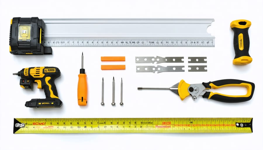 Complete set of tools needed for t-moulding installation on uneven floors