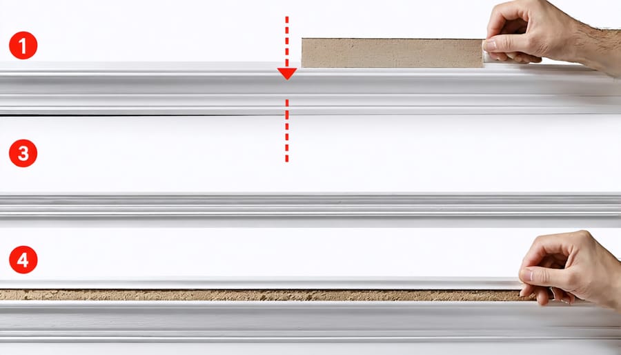Detailed view of proper shimming technique for t-moulding installation on uneven floor