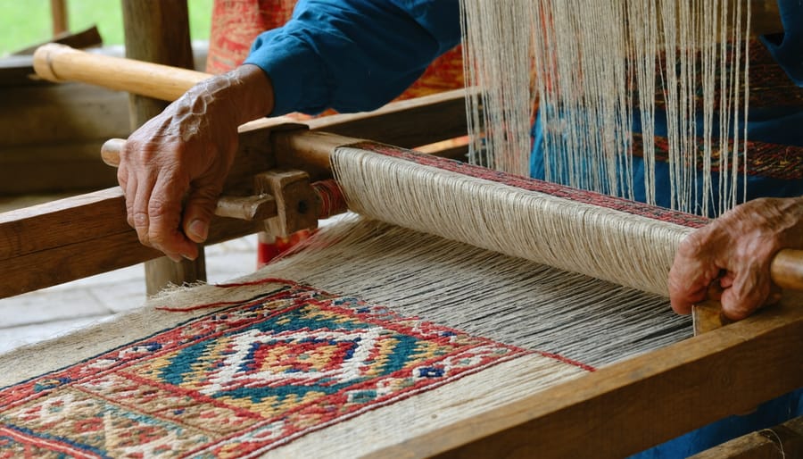 Traditional artisan carefully weaving colorful patterns on a wooden loom