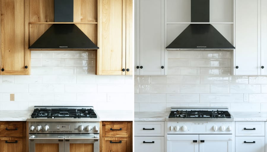 Side-by-side comparison of kitchen cabinet transformation with vintage hardware and mint green paint