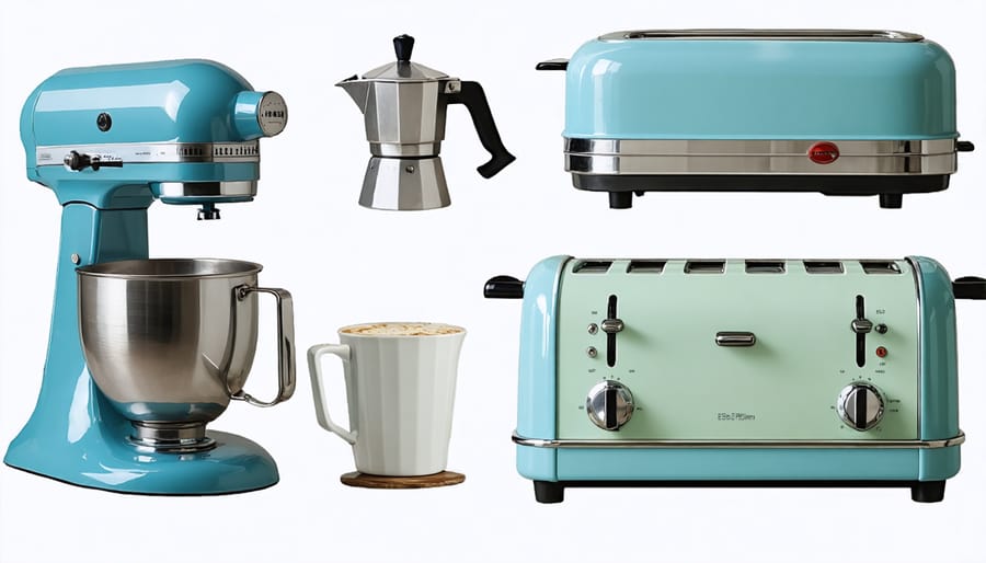 Retro kitchen appliances displayed on countertop featuring pastel colors and chrome details