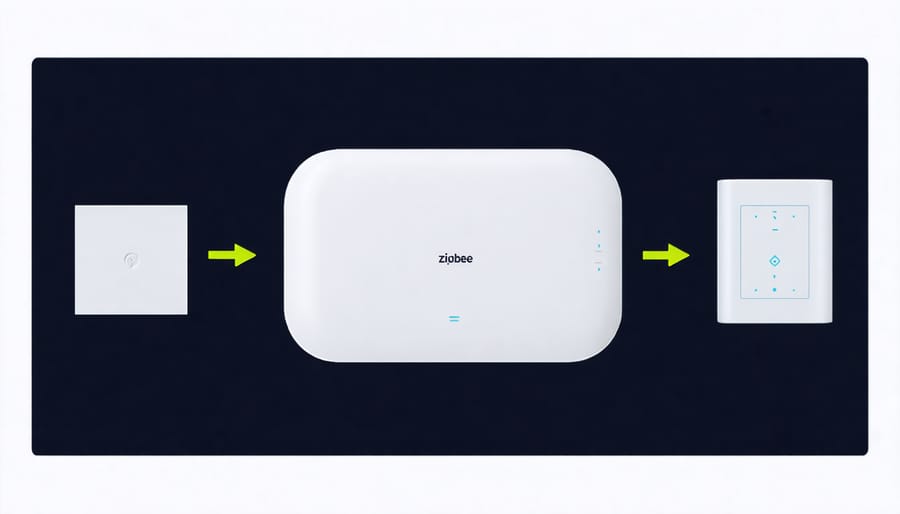 Sequential illustration of pairing a Zigbee device with a smart home hub