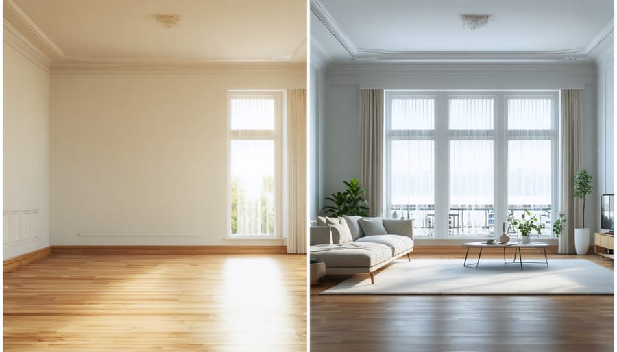 Side-by-side comparison of 3D rendered interior design and the actual completed room