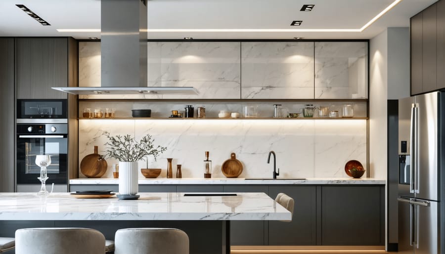 Universal design kitchen with multi-level countertops and accessible storage solutions