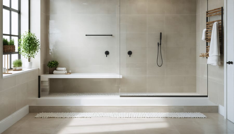 Barrier-free shower design with safety features and modern aesthetic