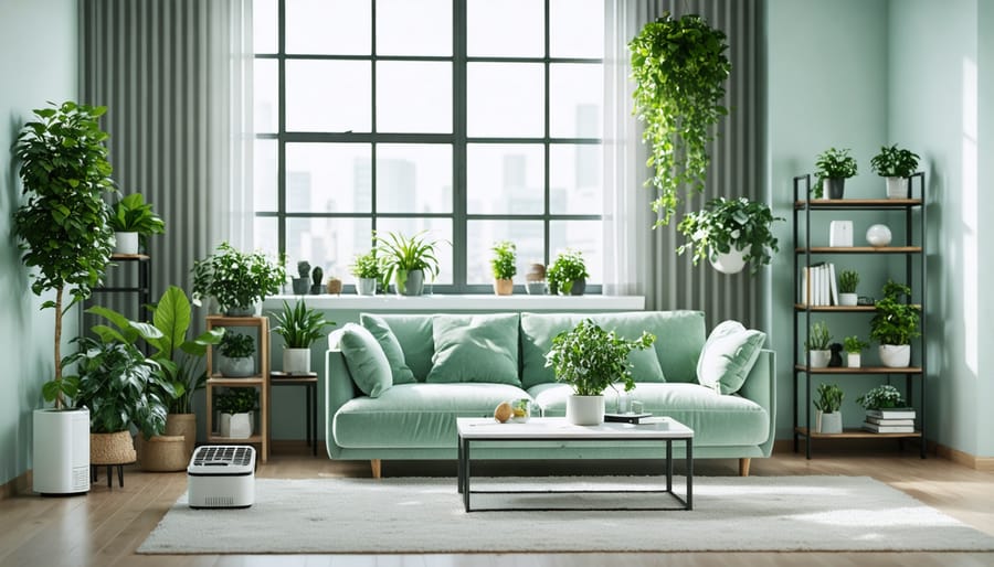 Living room showcasing various air quality improvement solutions