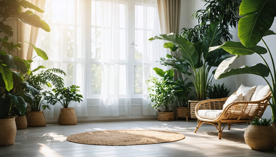 Bohemian-style room with natural elements featuring plants and woven furniture