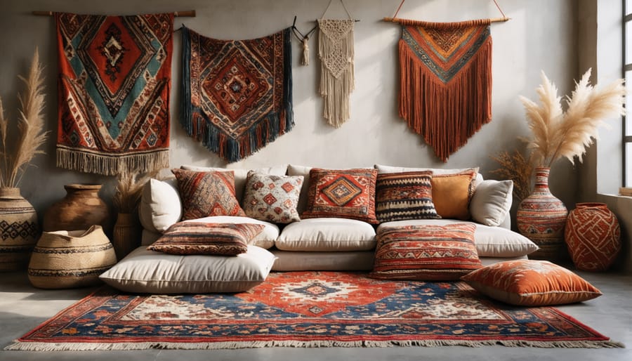 Bohemian living room with mixed patterns and textures featuring vintage rugs and handwoven textiles