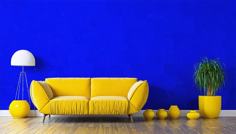 Living room with striking blue accent wall and contemporary yellow furniture creating visual energy