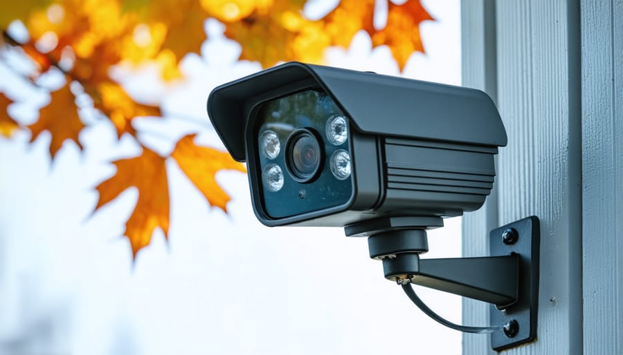 Sequential photos demonstrating proper cleaning and maintenance of an outdoor security camera