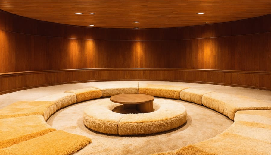 Retro conversation pit featuring circular seating arrangement and period-appropriate materials