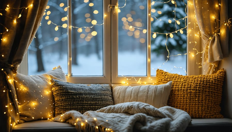 Window reading nook decorated with string lights and winter textiles