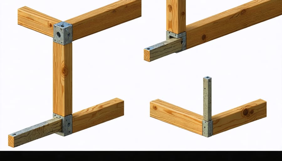 Four-stage process of assembling L-shaped desk frame with focus on corner support structure