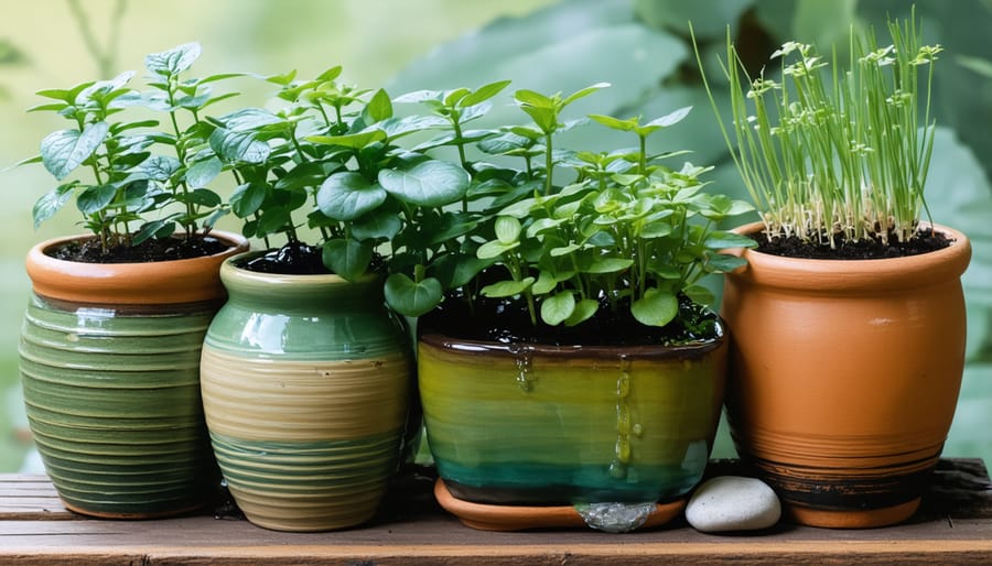 Small-scale container water garden with floating lilies and cascading water between stacked pots