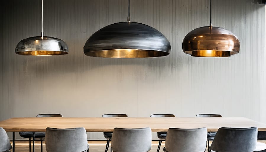 Contemporary lighting installation with large geometric pendant lights casting dramatic shadows