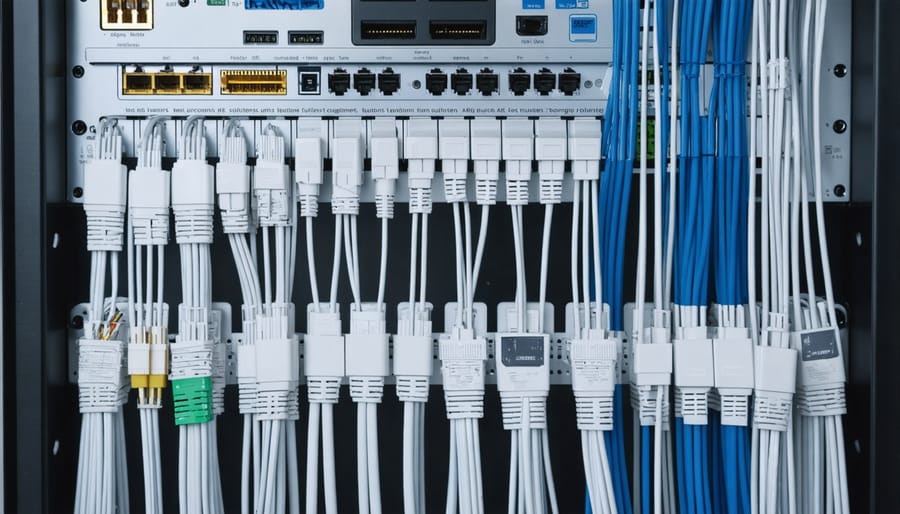 Detailed view of neatly organized cables and power management system for dual workstations