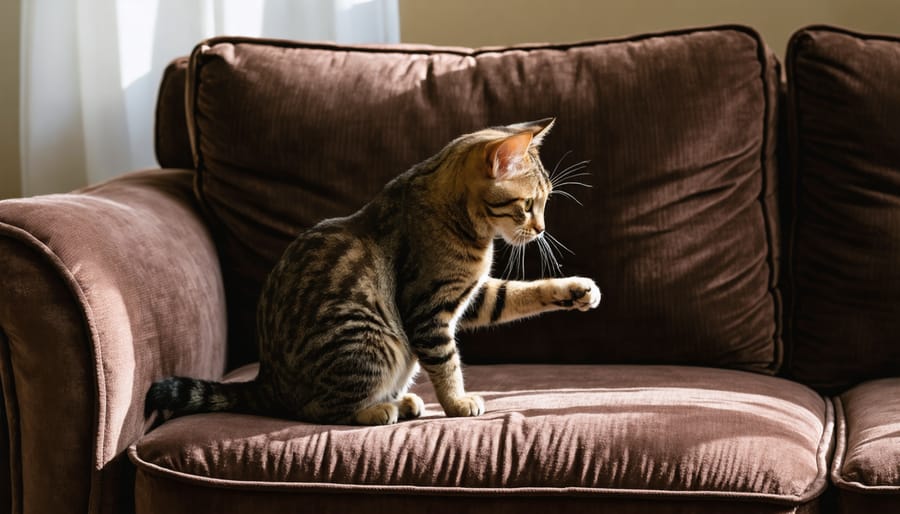 Cat scratching damage on inappropriate sofa fabric