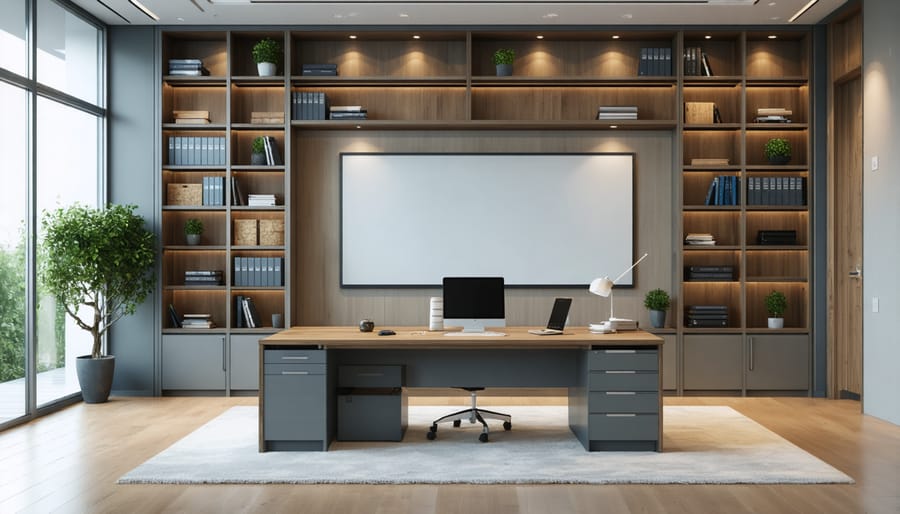 Finished DIY L-shaped desk showing built-in dividers, cable management, and storage features