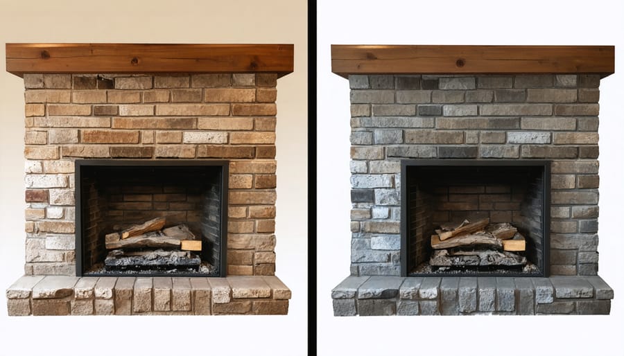 Side-by-side comparison of a fireplace renovation showing traditional red brick transformed into contemporary stone veneer