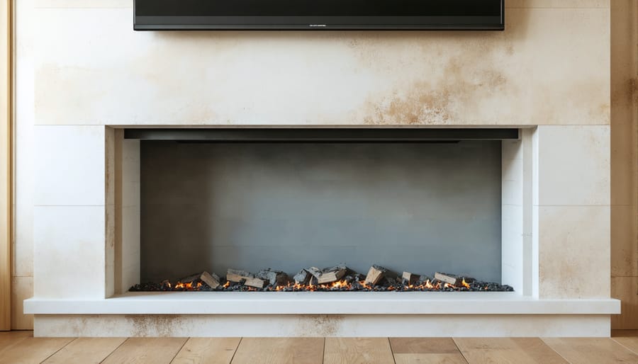 DIY homeowner preparing fireplace surface with cleaning tools and primer application