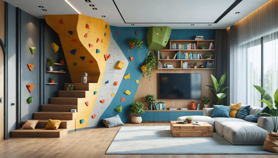 Stylish living room featuring a built-in climbing wall in neutral tones with comfortable seating area