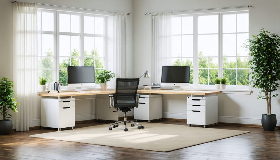 Modern L-shaped office setup with two desk spaces meeting in the corner, featuring clean cable management