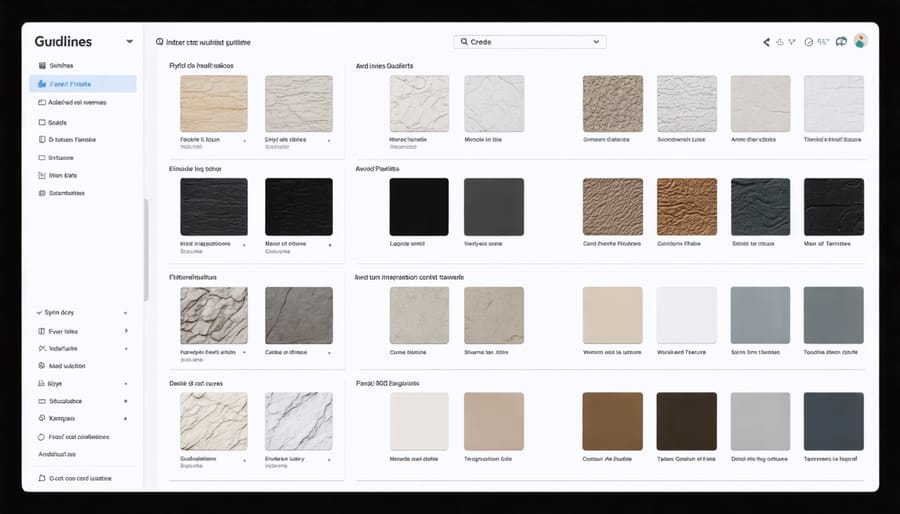Digital interface displaying material swatches, textures, and associated pricing information