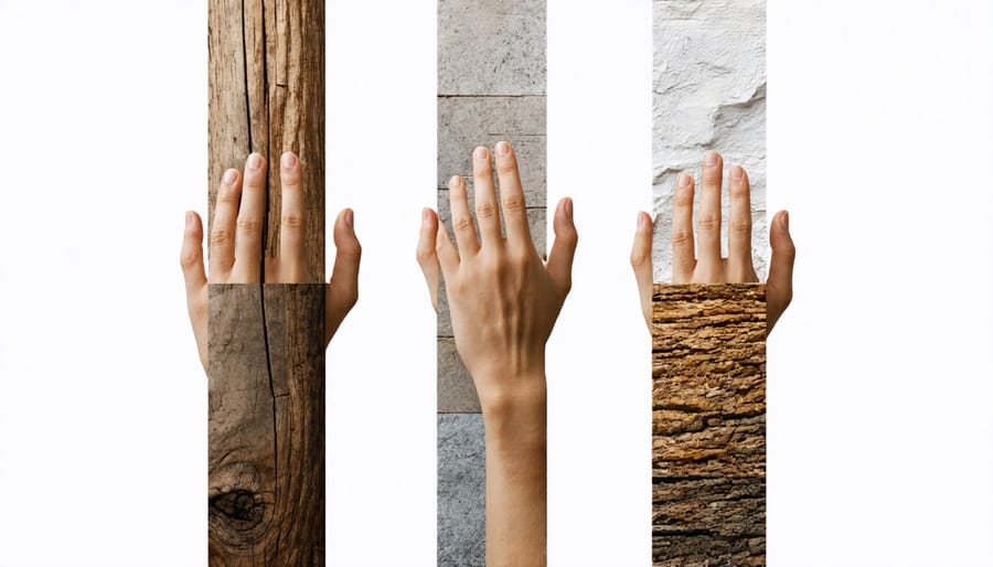 Hands experiencing various interior design material textures